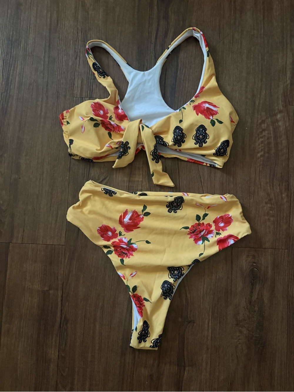 NEW WITHOUT TAGS- High Waisted Yellow Floral Tie-Front Bikini Set- LARGE